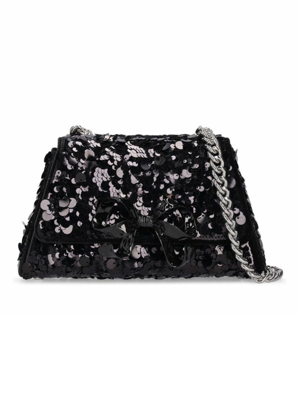 Self Portrait Mini Sequin Embellished Bow Chain Strap Shoulder Bag in Black